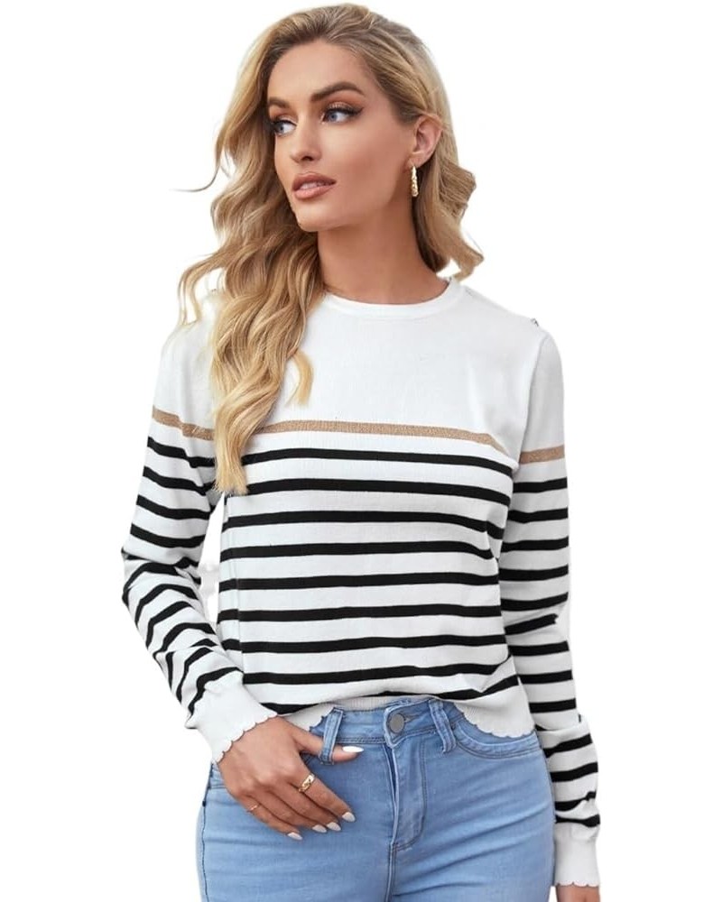 Sweaters for Women Striped Pattern Scallop Trim Sweater (Color : Multicolor, Size : Medium) Petite Multicolor $24.34 Sweaters