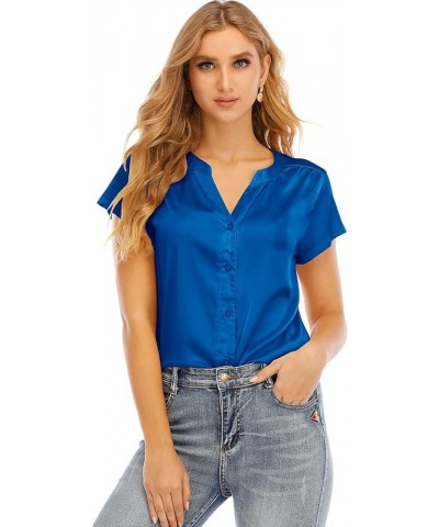 Women's Long-Sleeve Satin Blouse V Neck Silk Button Down Shirts Tops for Women Royal Blue $10.80 Others