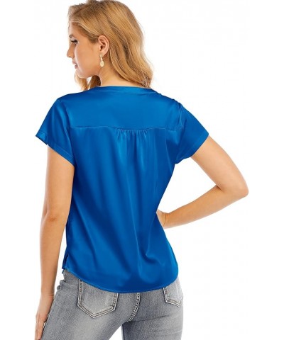 Women's Long-Sleeve Satin Blouse V Neck Silk Button Down Shirts Tops for Women Royal Blue $10.80 Others