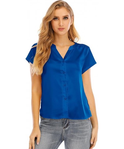 Women's Long-Sleeve Satin Blouse V Neck Silk Button Down Shirts Tops for Women Royal Blue $10.80 Others