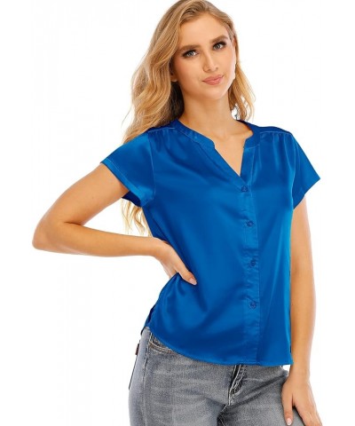 Women's Long-Sleeve Satin Blouse V Neck Silk Button Down Shirts Tops for Women Royal Blue $10.80 Others