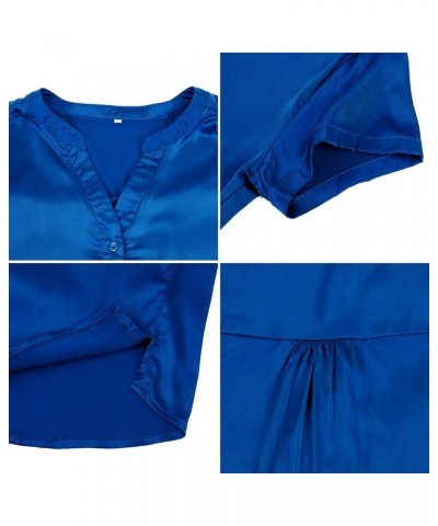 Women's Long-Sleeve Satin Blouse V Neck Silk Button Down Shirts Tops for Women Royal Blue $10.80 Others