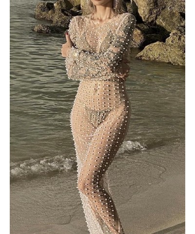 Women Y2k See Though Cover Up Dress Sheer Mesh Long Dress Knitted Swimwear Bikini Coverups Maxi Dress Beachwear B-skin Tone $...