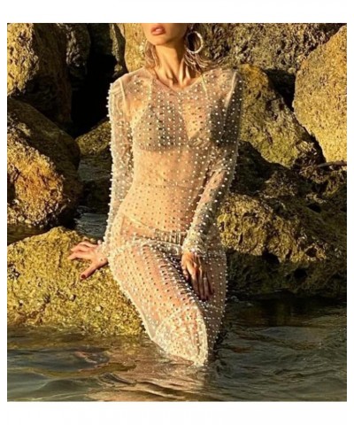 Women Y2k See Though Cover Up Dress Sheer Mesh Long Dress Knitted Swimwear Bikini Coverups Maxi Dress Beachwear B-skin Tone $...