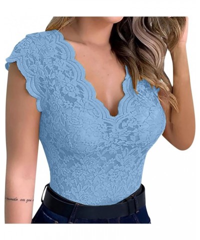 Casual Sexy Slim Solid Lace T-Shirt Women's Fashion V-Neck Blouse Short Sleeve Top Blue $5.04 Blouses