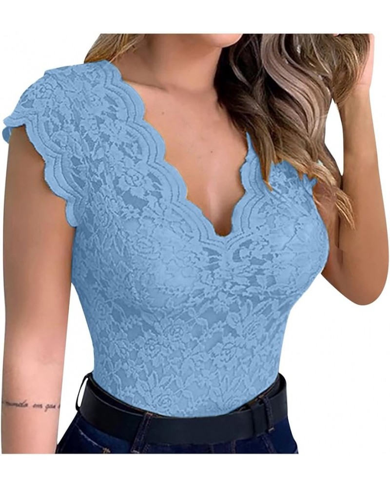 Casual Sexy Slim Solid Lace T-Shirt Women's Fashion V-Neck Blouse Short Sleeve Top Blue $5.04 Blouses