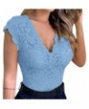 Casual Sexy Slim Solid Lace T-Shirt Women's Fashion V-Neck Blouse Short Sleeve Top Blue $5.04 Blouses