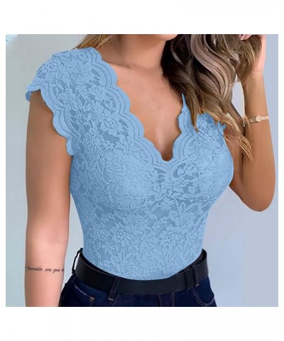 Casual Sexy Slim Solid Lace T-Shirt Women's Fashion V-Neck Blouse Short Sleeve Top Blue $5.04 Blouses