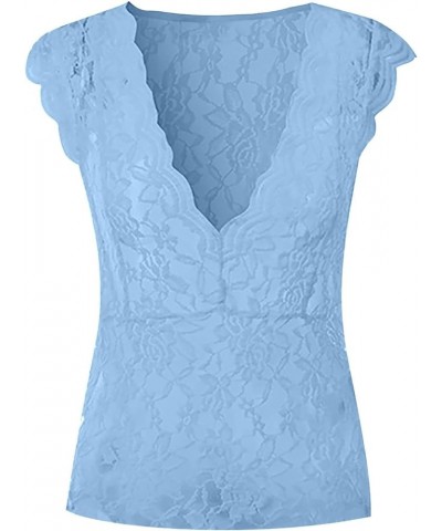 Casual Sexy Slim Solid Lace T-Shirt Women's Fashion V-Neck Blouse Short Sleeve Top Blue $5.04 Blouses