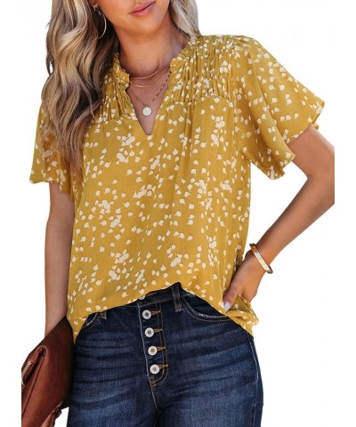 Women's Casual V Neck Floral Print Smocked Short Sleeve Chiffon Blouses Bohemian Top Shirts Yellow $14.04 Blouses