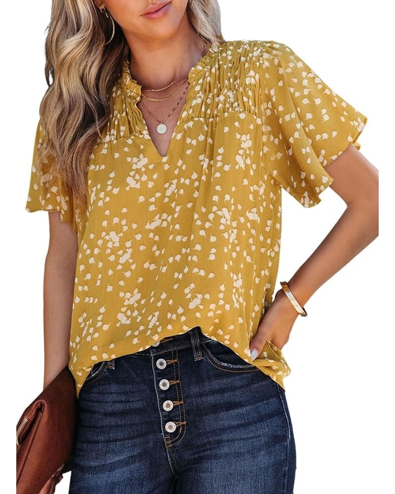 Women's Casual V Neck Floral Print Smocked Short Sleeve Chiffon Blouses Bohemian Top Shirts Yellow $14.04 Blouses