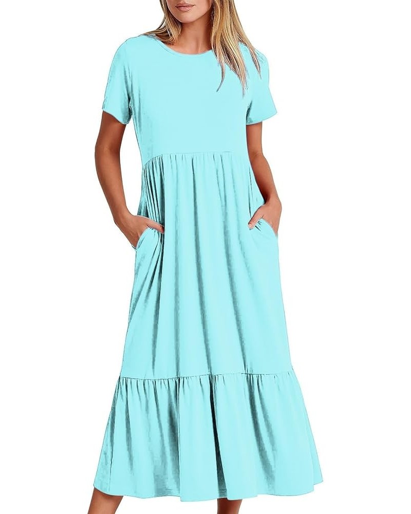 Summer Dresses Women 2024 Casual Short Sleeve Boho Flowy Sundress Crewneck Floral Tiered Maxi Dress with Pockets A1-sky Blue ...