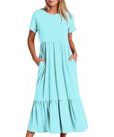 Summer Dresses Women 2024 Casual Short Sleeve Boho Flowy Sundress Crewneck Floral Tiered Maxi Dress with Pockets A1-sky Blue ...