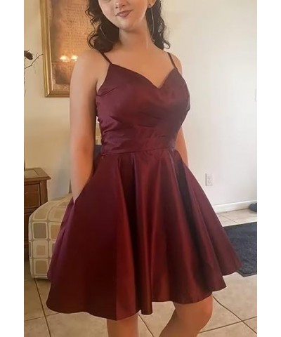 Short Satin Homecoming Dresses for Teens Spaghetti Straps V Neck Mini Graduation Cocktail Party Gowns Burgundy $33.05 Dresses