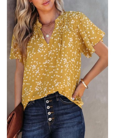 Women's Casual V Neck Floral Print Smocked Short Sleeve Chiffon Blouses Bohemian Top Shirts Yellow $14.04 Blouses