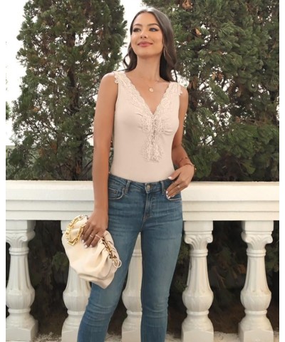 Womens Lace Patchwork Sexy Deep V Neck Knitted Vests Summer Camis Tank Tops Khaki $13.72 Tanks