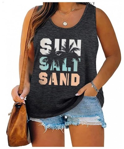 Plus Size Sun Salt Sand Coconut Tree Tank Tops Women Sleeveless Beach Praty T-Shirt Summer Hawaiian Holiday Tank Tops Dark Gr...