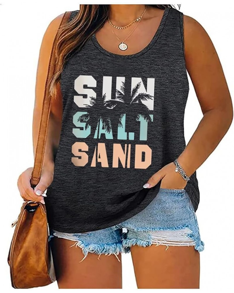 Plus Size Sun Salt Sand Coconut Tree Tank Tops Women Sleeveless Beach Praty T-Shirt Summer Hawaiian Holiday Tank Tops Dark Gr...