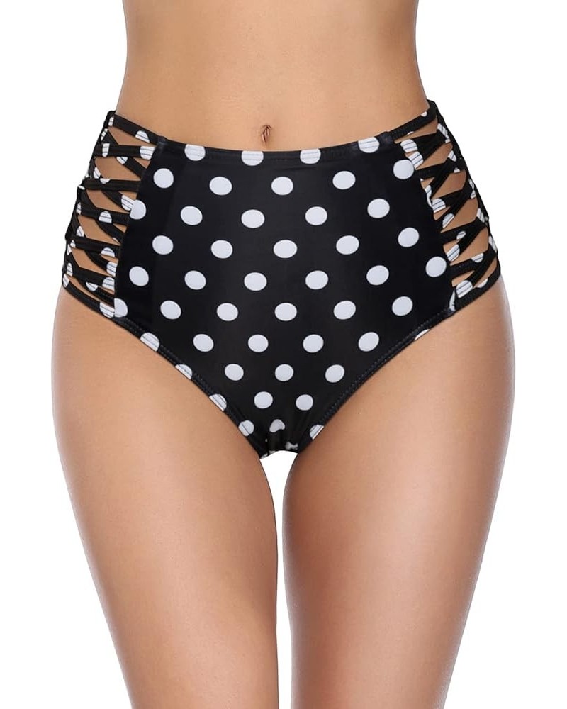 Women High Waisted Bikini Bottoms Tummy Control Swimsuit Bottoms Strappy Swim Bottom Black Polk Dot $13.91 Swimsuits