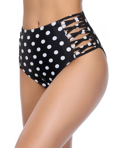 Women High Waisted Bikini Bottoms Tummy Control Swimsuit Bottoms Strappy Swim Bottom Black Polk Dot $13.91 Swimsuits