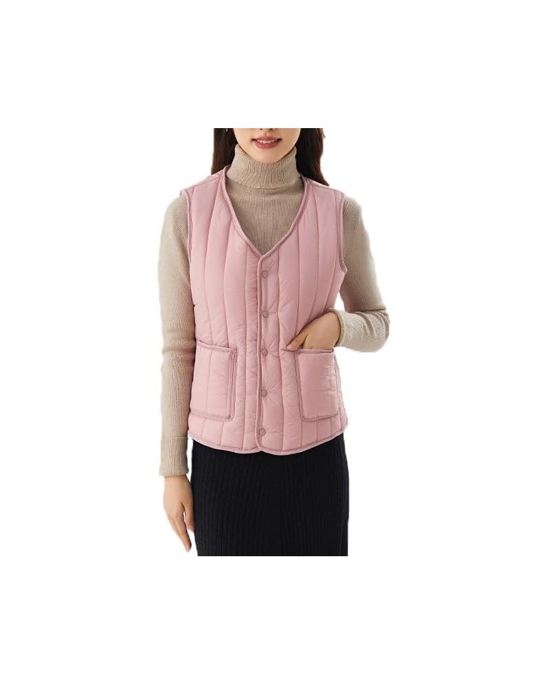 Womens Slim Packable Lightweight Quilted Short Puffer Vest V Neck Snap Closure Warm Vest Tops Gifts for Women Pink $5.97 Vests