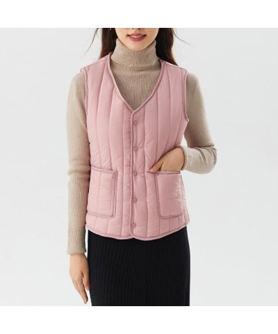 Womens Slim Packable Lightweight Quilted Short Puffer Vest V Neck Snap Closure Warm Vest Tops Gifts for Women Pink $5.97 Vests