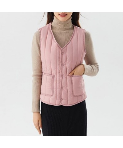 Womens Slim Packable Lightweight Quilted Short Puffer Vest V Neck Snap Closure Warm Vest Tops Gifts for Women Pink $5.97 Vests