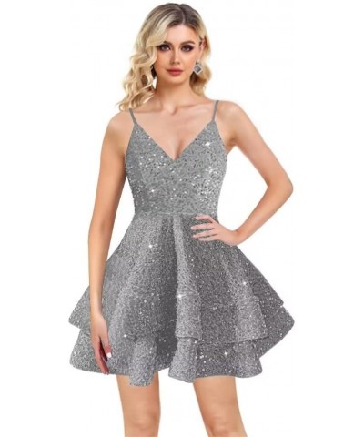 Spaghetti Straps Sequin Homecoming Dresses for Teens V Neck Layered Short Sparkly Evening Party Dress 2023 Silver $41.25 Dresses