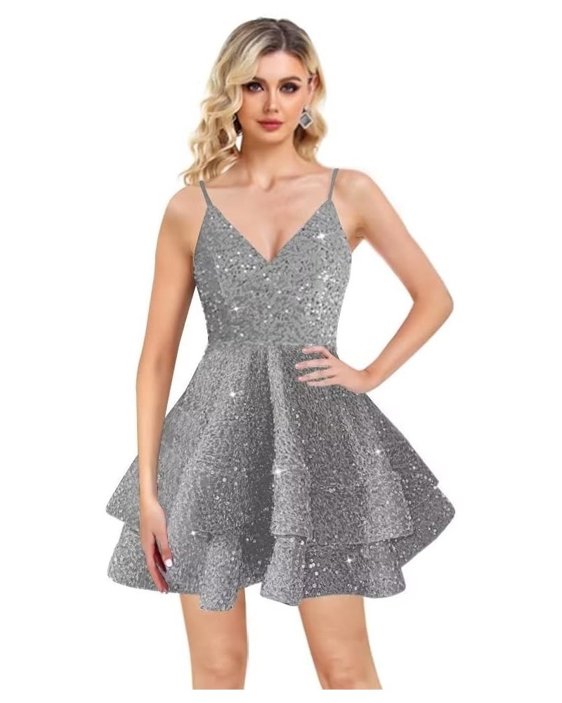 Spaghetti Straps Sequin Homecoming Dresses for Teens V Neck Layered Short Sparkly Evening Party Dress 2023 Silver $41.25 Dresses