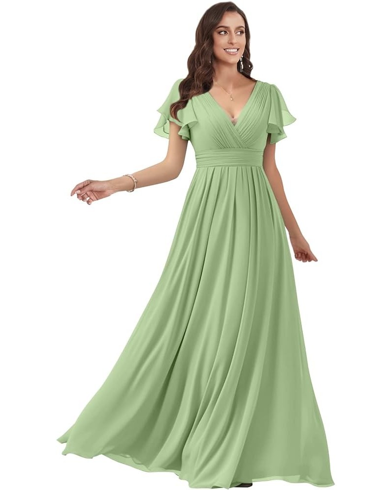 Women's V Neck Bridesmaid Dresses for Wedding Fultter Sleeve Chiffon Long Formal Evening Gown with Pockets Dusty Sage $33.60 ...