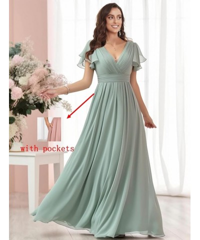 Women's V Neck Bridesmaid Dresses for Wedding Fultter Sleeve Chiffon Long Formal Evening Gown with Pockets Dusty Sage $33.60 ...