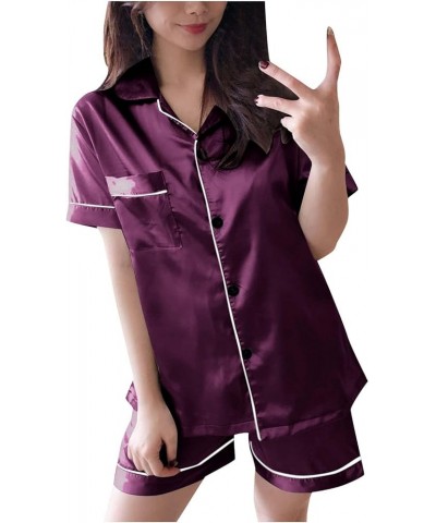 Womens Silk Satin Pajamas Soft Button Down Pjs Sets Short Sleeve 2 Piece Shorts Set Bridal Party Bride Sleepwear A04-purple $...