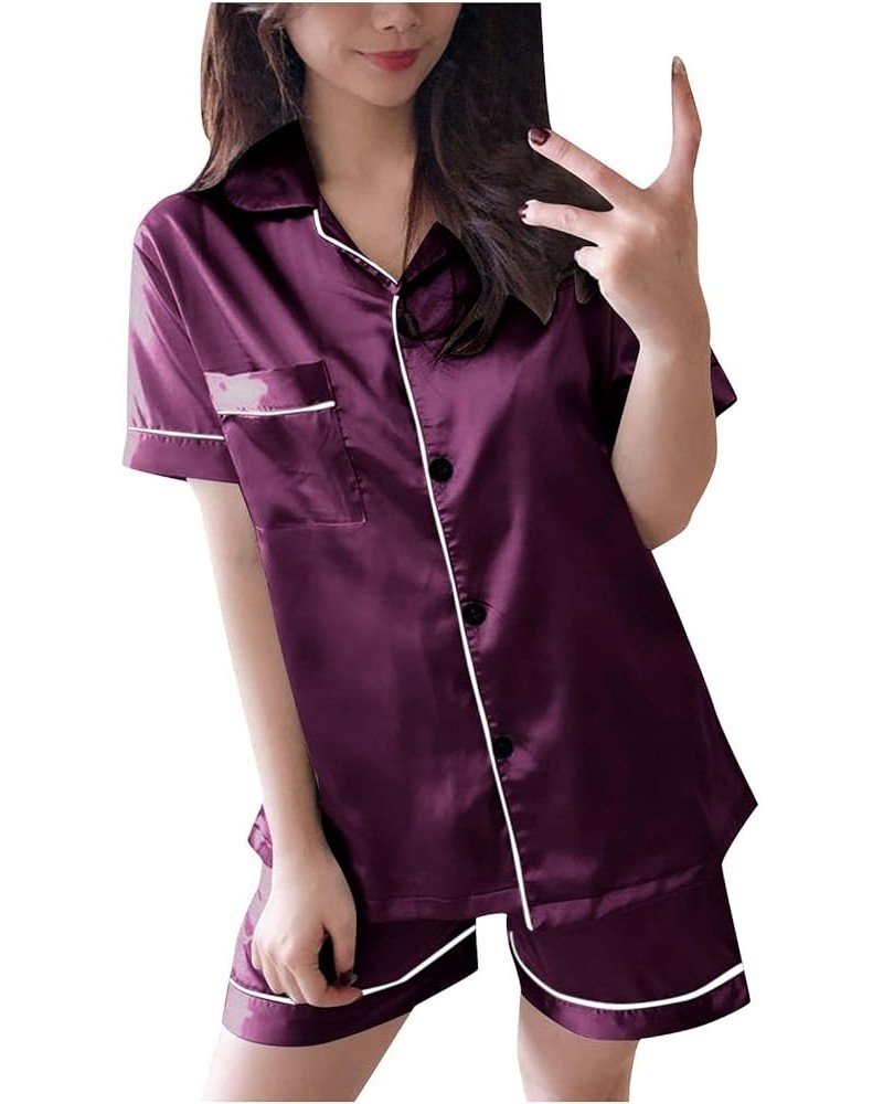 Womens Silk Satin Pajamas Soft Button Down Pjs Sets Short Sleeve 2 Piece Shorts Set Bridal Party Bride Sleepwear A04-purple $...