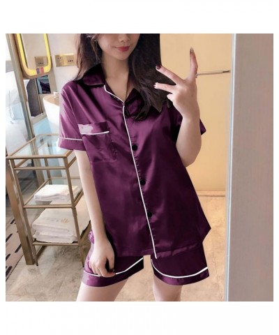 Womens Silk Satin Pajamas Soft Button Down Pjs Sets Short Sleeve 2 Piece Shorts Set Bridal Party Bride Sleepwear A04-purple $...