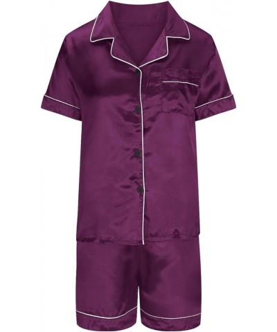 Womens Silk Satin Pajamas Soft Button Down Pjs Sets Short Sleeve 2 Piece Shorts Set Bridal Party Bride Sleepwear A04-purple $...