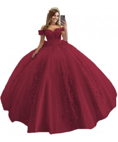 Women's Off Shoulder Quinceanera Dresses 3D Flower Puffy Ball Gown Lace Beaded Prom Dresses for Sweet 15 16 XY069 Burgundy $4...