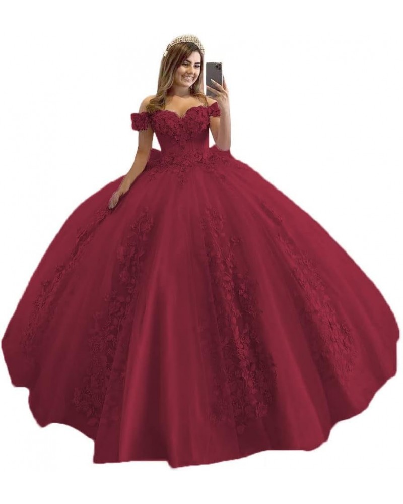 Women's Off Shoulder Quinceanera Dresses 3D Flower Puffy Ball Gown Lace Beaded Prom Dresses for Sweet 15 16 XY069 Burgundy $4...