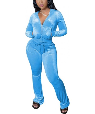 Women's 2 Piece Outfit Velour Zip Up Crop Jacket and Bell Bottoms Long Pants with Pockets Tracksuit Set Z-skyblue $18.04 Acti...