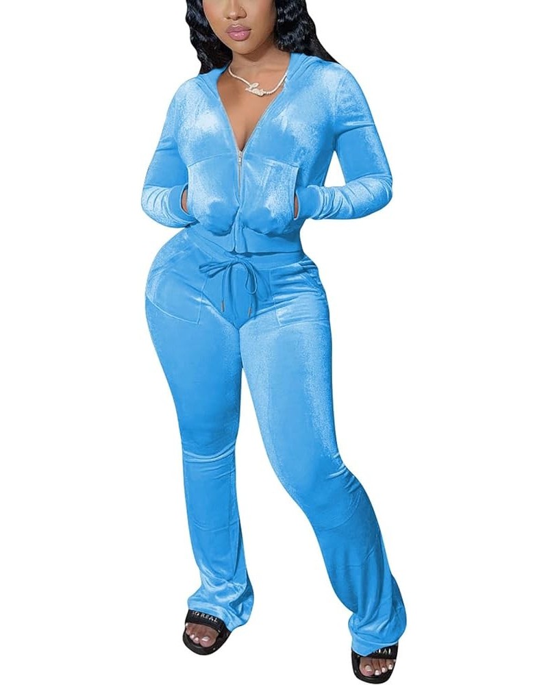 Women's 2 Piece Outfit Velour Zip Up Crop Jacket and Bell Bottoms Long Pants with Pockets Tracksuit Set Z-skyblue $18.04 Acti...