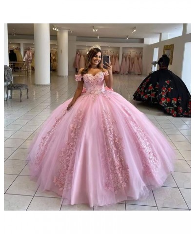 Women's Off Shoulder Quinceanera Dresses 3D Flower Puffy Ball Gown Lace Beaded Prom Dresses for Sweet 15 16 XY069 Burgundy $4...