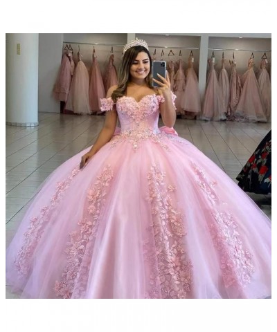 Women's Off Shoulder Quinceanera Dresses 3D Flower Puffy Ball Gown Lace Beaded Prom Dresses for Sweet 15 16 XY069 Burgundy $4...