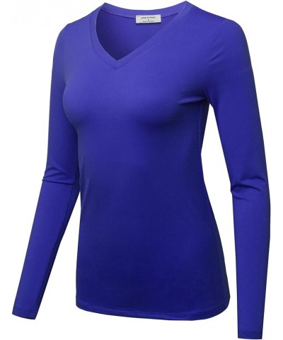 Women's Solid Basic Fitted T-Shirt V-Neck Long Sleeves Top Shirts Fewtel0018 Bright Blue $11.88 T-Shirts