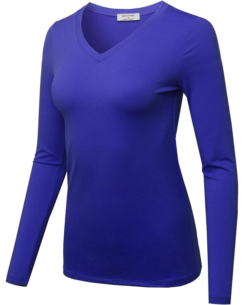 Women's Solid Basic Fitted T-Shirt V-Neck Long Sleeves Top Shirts Fewtel0018 Bright Blue $11.88 T-Shirts