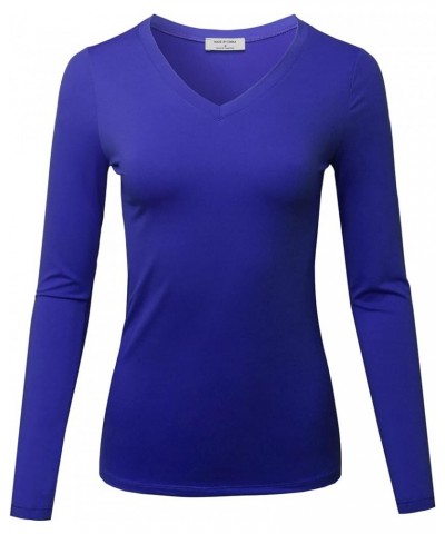 Women's Solid Basic Fitted T-Shirt V-Neck Long Sleeves Top Shirts Fewtel0018 Bright Blue $11.88 T-Shirts