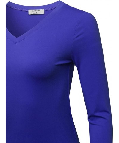 Women's Solid Basic Fitted T-Shirt V-Neck Long Sleeves Top Shirts Fewtel0018 Bright Blue $11.88 T-Shirts