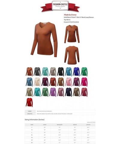 Women's Solid Basic Fitted T-Shirt V-Neck Long Sleeves Top Shirts Fewtel0018 Bright Blue $11.88 T-Shirts