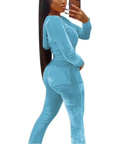 Women's 2 Piece Outfit Velour Zip Up Crop Jacket and Bell Bottoms Long Pants with Pockets Tracksuit Set Z-skyblue $18.04 Acti...