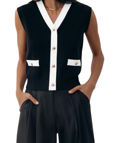 Women V Neck Sleeveless Sweater Vest Button Down Knitted Oversized Contrast Pullover Casual Cardigan Tank Top Black $10.60 Sw...