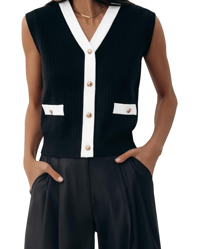 Women V Neck Sleeveless Sweater Vest Button Down Knitted Oversized Contrast Pullover Casual Cardigan Tank Top Black $10.60 Sw...