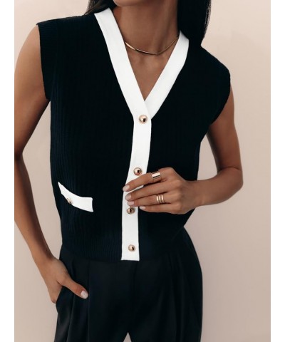 Women V Neck Sleeveless Sweater Vest Button Down Knitted Oversized Contrast Pullover Casual Cardigan Tank Top Black $10.60 Sw...